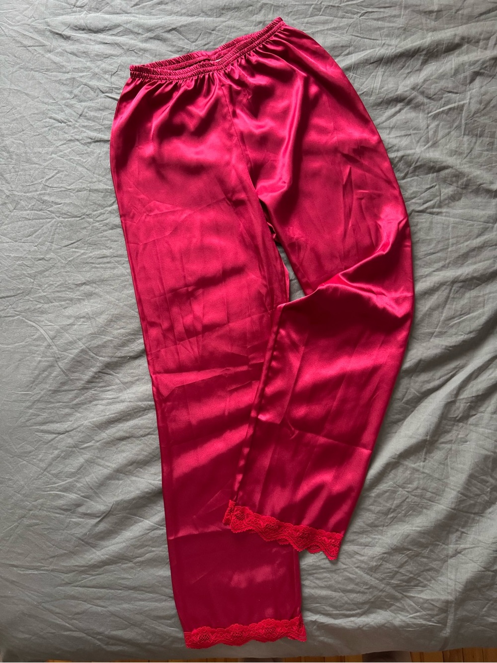 Hot wine cherry look like Satin Pajama Pants with Lace Trim